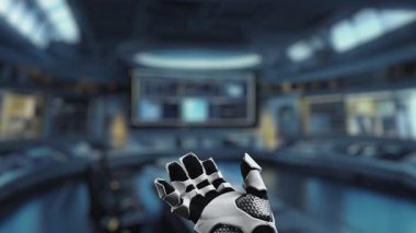 Bir robot el, modern bir dijital ortamda yapay zeka ve insan bağlantısı arasındaki kusursuz etkileşimi temsil eden yüzen kullanıcı simgelerine uzanır. Auvana