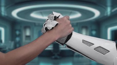 Bu video insanlar ve robotlar arasındaki dinamik etkileşimi gösteriyor, teknolojik elementlerle dolu dijital çalışma alanındaki işbirliği ve yenilikleri vurguluyor. Auvana