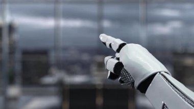 Robot bir el modern bir ofisteki dijital bir posta ikonunu işaret ediyor, gelişmiş bir çalışma alanında teknoloji ve iletişimin kesişimini temsil ediyor. Auvana