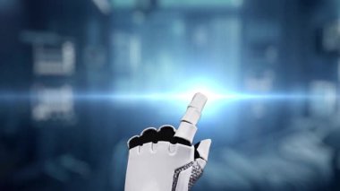 Tıbbi verilere ya da teşhis semptomlarına erişmek için robot ellerle DNA hologramına tıklayın. Yapay zeka semptomları analiz ederken genetik simülasyonda robot el kontrolü. Sağlıklı..