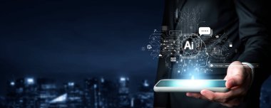 Yapay zeka sanal asistanı Chatbot ile yapay zeka konsepti ile insan etkileşimi, yapay zeka mühendisliği, LLM yapay zeka derin öğrenimi iş desteği için üretken yapay zeka kullanımı. FaaS