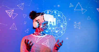 Yapay zeka ve sanal gerçekliğin kesişimlerini keşfedin, yaratıcılık ve etkileşim için yenilikçi teknolojilerle uğraşan bir kullanıcıyı gösterin. XDMCP