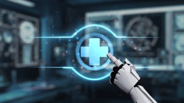 Tıbbi verilere ya da teşhis semptomlarına ulaşmak için robotik el işaretlerini kapatın ve tıbbi çapraz holograma tıklayın. Yapay zeka semptomları analiz ederken robot el çapraz kontrol yapıyor. Sağlıklı..