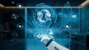 Bir robot el yüzen dijital beyin ikonlarına uzanıyor, yapay zeka ve insan zekası arasındaki bağlantıyı fütürist bir ortamda resmediyor. Auvana