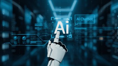 Bir robot el, yenilik ve otomasyonu temsil eden yüksek teknolojili bir veri merkezinde yapay zeka sohbet robotunu gösteren dijital bir ekran ile etkileşime girer. Auvana