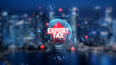 Vergi ve Gümrük İdaresi Görselleştirmesini Şehir Arkaplanındaki Küresel Ekonomik Semboller ve Yüzdelik Simgelerle İhraç Et. Sevkiyat.