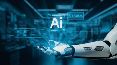 Yüksek teknolojili dijital ortamda yenilik ve otomasyonu sembolize eden, sohbet robotu arayüzü olan ileri teknoloji yapay zeka teknolojileri sergiliyor. Auvana