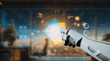 Gösterişli bir robot eli, çağdaş bir ofiste veri görselleştirmeleri ile gelişmiş etkileşimi, modern profesyonel ortamlarda teknoloji ve analizlerin entegrasyonunu ön plana çıkarmaktadır. Auvana
