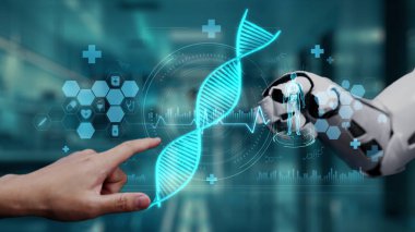 Robot ve insan elini uzatıyor ve yüzen DNA hologramıyla işaret ediyor. Bulanık laboratuvar geçmişini işaret ederken robot el ve insanın birlikte çalışmasını kapat. Sağlıklı..