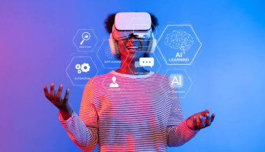 Sanal gerçeklik kulaklığı takan bir kişi canlı bir dijital ortamda yapay zeka kavramlarına bağlanarak yenilikçi teknoloji ve etkileşim sergiliyor. XDMCP