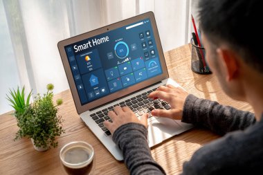Smart home technology, centric remote control system with digital dashboard for air conditioning, safety security network or house automation. App software, ui panel programming IOT monitor snugly