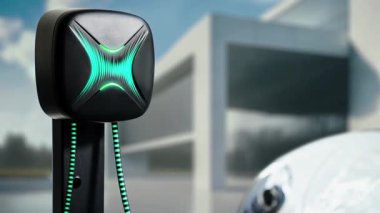 Fütürist EV şarj cihazıyla elektrikli araba şarj istasyonundan şarj oluyor. EV arabaların son teknoloji gelişimi ve sürdürülebilir enerji için akıllı ev yenilenebilir enerji altyapısı. İnceleyin