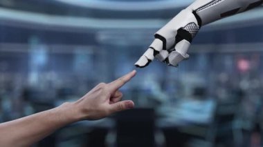 Teknolojinin iletişimde entegrasyonunu vurgulayan, dijital bir e-posta arayüzü ile etkileşime giren bir insan eli ve robot eli gösteren fütüristik bir sahne. Auvana