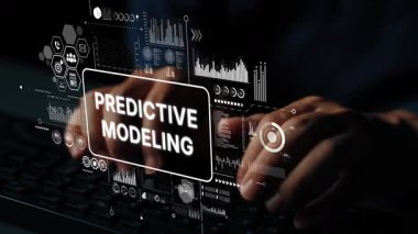 Klavyede Klavye 'ye Öngörü Modelleme Grafikleri ve Karanlık Çevrede Veri Analitik Ölçümleri Üzerine Yazan Eller. Asemptotik akıllı veri analitiği.