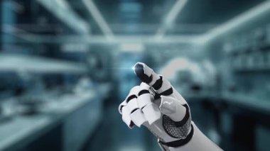 Robotik el işaretini kapat ve bulanık laboratuvar geçmişine sahip çapraz holograma dokun. Tıbbi verilere erişmek ve onları teşhis etmek için robot el tıklaması. Sağlıklı..