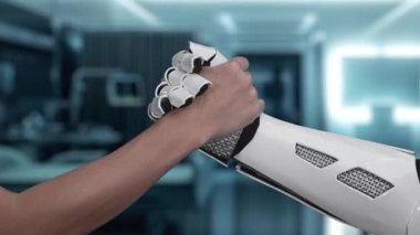 Robot elini kapat ve insan elini tıbbi çapraz hologramla sık. Yapay zeka ve insan birlikte çalışmak ya da bulanık laboratuarlarla yüzen çapraz hologramla anlaşma yapmak. Sağlıklı..