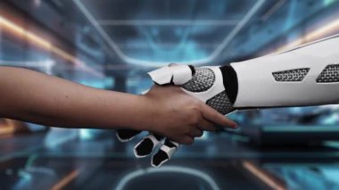 Bu video insanlar ve robotlar arasındaki dinamik etkileşimi gösteriyor, teknolojik elementlerle dolu dijital çalışma alanındaki işbirliği ve yenilikleri vurguluyor. Auvana