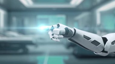 Bulanık laboratuvar arka planına sahip beyin hologramına robotik el gösterimi yap ve tıkla. Tıbbi verilere erişmek ve onları teşhis etmek için robot el beyin ikonuna tıklıyor. Sağlıklı..