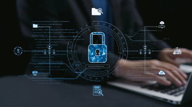 Modern teknoloji veri güvenliği ve korumasını temsil eden bir dijital asma kilit sembolü sergiliyor. Bugün siber güvenlik ve birbirine bağlı dünyada mahremiyete odaklanın. Dörtgen