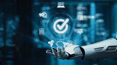 Modern ofis ortamında gelişmeyi ve otomasyonu sembolize eden, teknolojiyi ve yeniliği temsil eden yüzen dijital simgeler sergiliyor. Auvana