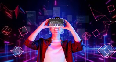 Bir kişi, gelişmiş programlama kavramlarını gösteren dijital grafikler ve kodlama elemanlarıyla çevrili sanal gerçeklik kulaklığı takarak üretici yapay zekanın geleceğini deneyimliyor. XDMCP