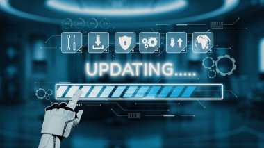 Gelişim çubuğuyla etkileşime giren robot bir el, çeşitli teknoloji simgeleriyle çevrili, dijital çalışma alanındaki otomasyonu ve gelişmiş sistemleri vurgulayan bir güncelleme sergiliyor. Auvana