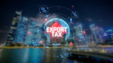Cityscape üzerinde Arrow Sembollü Küresel İhracat Vergisi Konsepti, Gümrük ve Ekonomik Politika Uluslararası Ticaret Etkisini Temsil Ediyor. Sevkiyat.