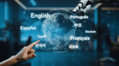 Modern ofis ortamında küresel iletişimi ve teknolojik gelişmeyi sembolize eden, çeşitli dilleri içeren dijital bir küreyle etkileşime giren robot bir el. Auvana
