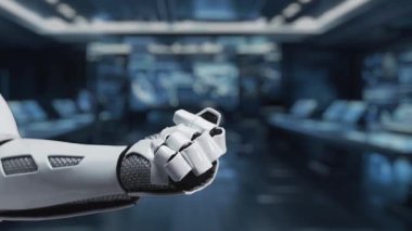 Robotik bir el, ağ sembolleri ve bağlantılarıyla dolu şık ve modern bir teknoloji ortamında siber güvenlik ve veri güvenliğini temsil eden bir dijital kalkan sunar. Auvana