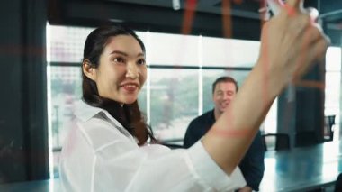 Genç kendine güvenen iş kadını projeyi uzman yatırımcıya sundu. Profesyonel proje yöneticisi başlangıç projesini açıklamak için yapışkan notlar kullanır, beyin fırtınası fikirlerini yatırımcıya paylaşır. Yönlendirici.