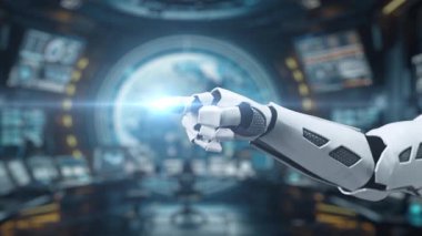 Fütürist bir robot el, dijital arayüz üzerine yapay zeka kavramına bağlanarak, modern teknolojiyi ve bilimsel ortamda yenilikçi entegrasyonu sergiliyor. Auvana