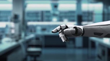 Bulanık laboratuvar arka planına sahip DNA hologramına robotik el gösterimi ve dokunuşlarını kapat. Tıbbi verilere erişmek ve onları teşhis semptomlarına bağlamak için robot el DNA ikonuna tıklıyor. Sağlıklı..