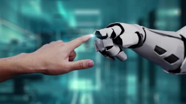 Robot ve insan elini uzatıyor ve yüzen DNA hologramıyla işaret ediyor. Bulanık laboratuvar geçmişini işaret ederken robot el ve insanın birlikte çalışmasını kapat. Sağlıklı..