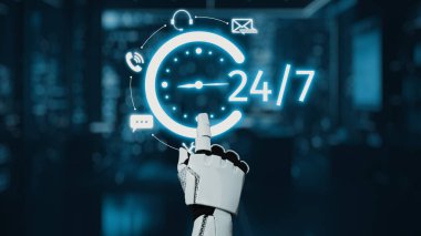 Robotik bir el, 24 saat kullanılabilir olduğunu gösteren, haberleşme simgeleriyle çevrili, parıldayan dijital bir saate işaret ediyor. Sahne modern teknolojiyi ve kentsel yeniliği yansıtıyor. Auvana