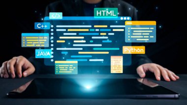 A programmer interacts with a virtual display of various coding languages like HTML, CSS, , C, and , showcasing creativity in a modern tech workspace. Qubit