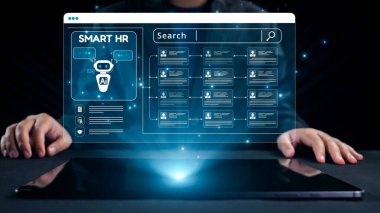 Sanal bir asistan ve modern işe alım ve yönetim süreçleri için etkileşimli bir arama arayüzü içeren yapay zeka destekli insan kaynakları teknolojisi hakkında yenilikçi bir kavram. Dörtgen