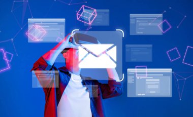 E-posta ve ağ bağlantılarını temsil eden grafiklerle çevrili bir VR kulaklık kullanan genç bir insanla dijital iletişim ve teknolojinin kesişimini araştırın. XDMCP