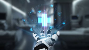 Tıbbi haç hologramı havada süzülürken robot elinin avuç içini kapat. Tıbbi verilere erişip, semptomlara bağlanırken tıbbi çapraz holografiği gösteren bir el. Sağlıklı..
