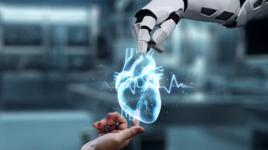 Robot ve insan elini uzatıyorlar ve kalp hologramıyla hareket ediyorlar. Bulanık laboratuvar geçmişini işaret ederken robot el ve insanın birlikte çalışmalarına yakın çekim. Sağlıklı..