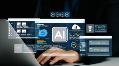 Modern bir dizüstü bilgisayarda analiz edilen yapay zekanın büyüleyici bir temsili, profesyonel bir ortamda kullanıcı arayüzlerini, veri içgörülerini ve dijital grafikleri vurguluyor. Dörtgen