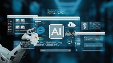 Robotik bir el ekranlardaki bir dizi dijital içeriğe bağlanır, yapay zeka ve kullanıcı arayüzü teknolojisinin fütüristik bir ortamda kesişimini gösterir. Auvana