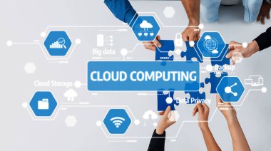 Bu resim, bulut hesaplama kavramlarını temsil eden ve modern iş uygulamalarında veri depolama, gizlilik, yedekleme ve teknoloji entegrasyonunu vurgulayan bir bulmaca üzerinde işbirliği yapan elleri gösteriyor. Dostluk