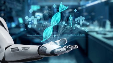 Robotik eli kapat, avuç içini aç ve DNA hologramı yüzsün. Tıbbi verilere erişip belirtilere bağlanırken DNA holografiğini gösteren bir el. Genetik konsept. Sağlıklı..