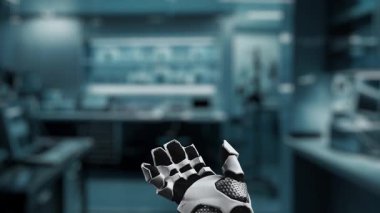 İnsan anatomisi hologramının yüzdüğü bir avuç içi açık robot eli kapat. Robot el, tanı koymak için veriye erişip bağlantı kurarken x ışını hologramını sunuyor. Sağlıklı..