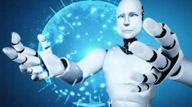 AI hominoid robot holding hologram screen shows concept of global communication network using artificial intelligence thinking by machine learning process. 3D rendering computer graphic.
