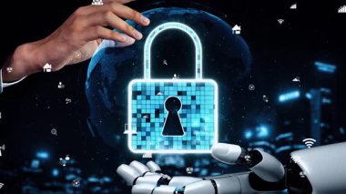 Gelecekçi robot yapay zeka yapay zeka yapay zekayı aydınlatıyor ve makine öğrenme kavramını geliştiriyor. İnsan hayatının geleceği için küresel robot biyonik bilim araştırması. 3B görüntüleme grafiği.