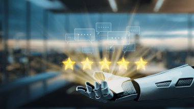 Gelecekçi bir robot el, müşteri reytinglerini ve geri bildirimlerini sembolize eden, modern ofis ortamında parlayan beş yıldız sergiler. Sohbet baloncukları yukarıda süzülür, etkileşimi gösterir. Auvana