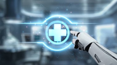 Robotik el işaretini kapat ve bulanık laboratuvar geçmişine sahip çapraz holograma dokun. Tıbbi verilere erişmek ve onları teşhis etmek için robot el tıklaması. Sağlıklı..