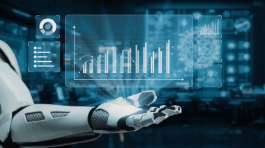 Fütürist bir robotik kol, teknolojinin ve yeniliğin analitiğe entegrasyonunu vurgulayan yüksek teknolojili bir ortamda veri görselleştirmeleri ve analizleri sunar. Auvana