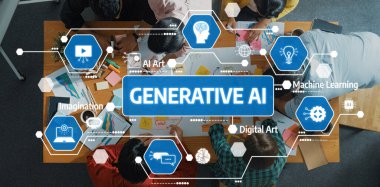 Yaratıcı yapay zeka kavramları üzerinde beyin fırtınası yapan çeşitli bireyleri gösteren canlı bir çalışma alanı, yaratıcı çözümler için teknolojiyle hayal gücünü birleştiren. Dostluk